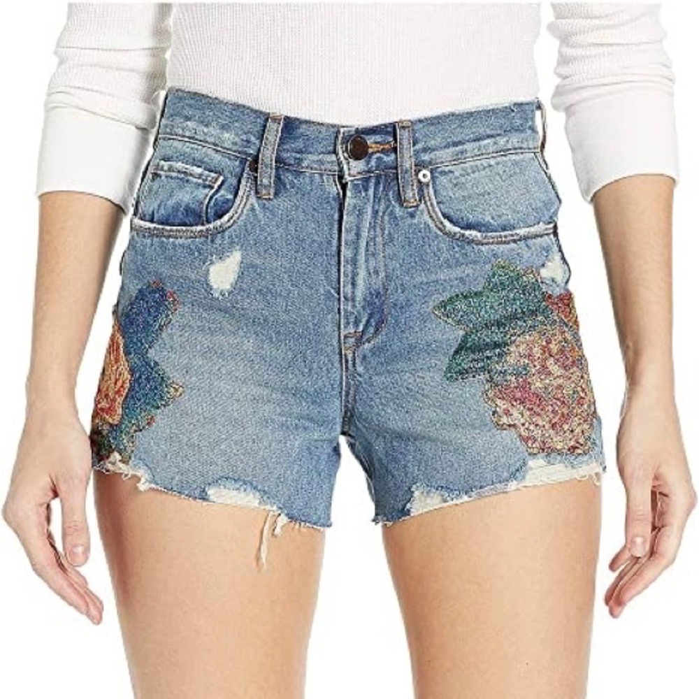 Blank NYC The Barrow High Rise Floral Embroidered Denim Shorts Blue Size 31